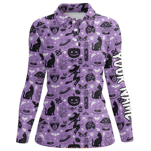 Purple Halloween Seamless With Pumpkin Cat Witch Funny Magic Halloween Golf Shirts For Women LDT0454