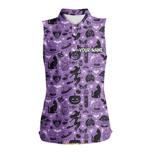 Purple Halloween Seamless With Pumpkin Cat Witch Funny Magic Halloween Sleeveless Golf Shirts For Women LDT0454