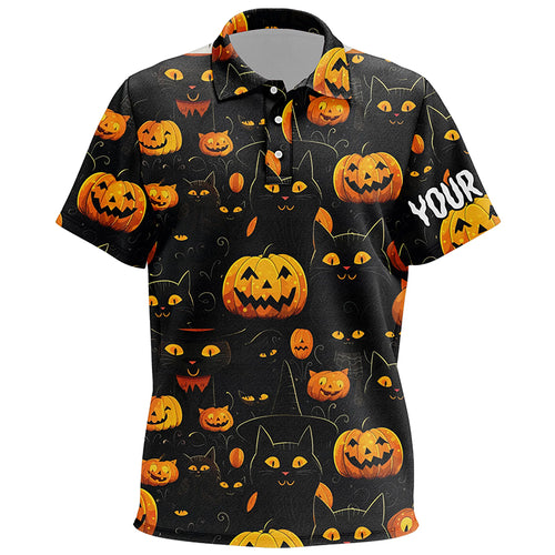 Halloween Seamless With Pumpkin & Cute Cat Kids Golf Polo Shirt Funny Golf Tops For Kid Golf Gifts LDT0457