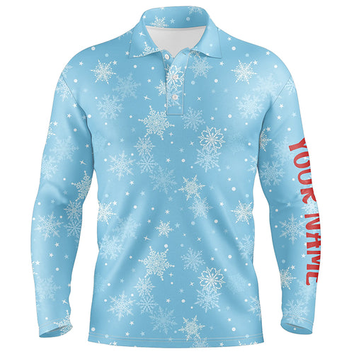 Snowflakes In Blue Christmas Mens Golf Polo Shirts Customized Winter Holiday Golf Gifts For Men LDT0462