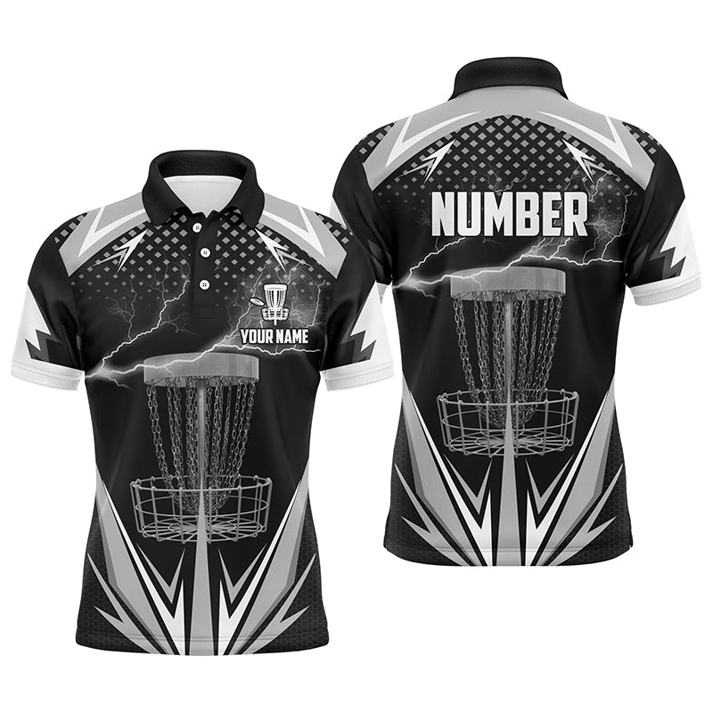 Black & White Thunder Disc Golf Polo Shirts, Custom Lightning Disc Golf Shirts For Men LDT0218