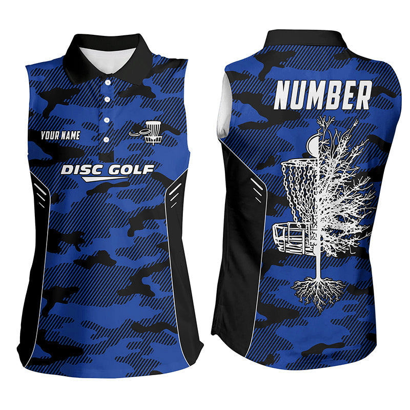 Blue Camo Disc Golf Womens Sleeveless Polo Shirt Custom Camouflage Disc Golf Tops For Women Golf Gift LDT0787