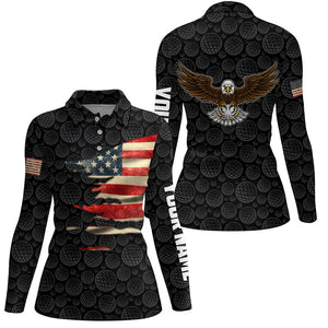 Vintage 3D American Flag Eagle Black Polo Shirt For Women, Custom Golf Pattern Patriotic Tops LDT0230