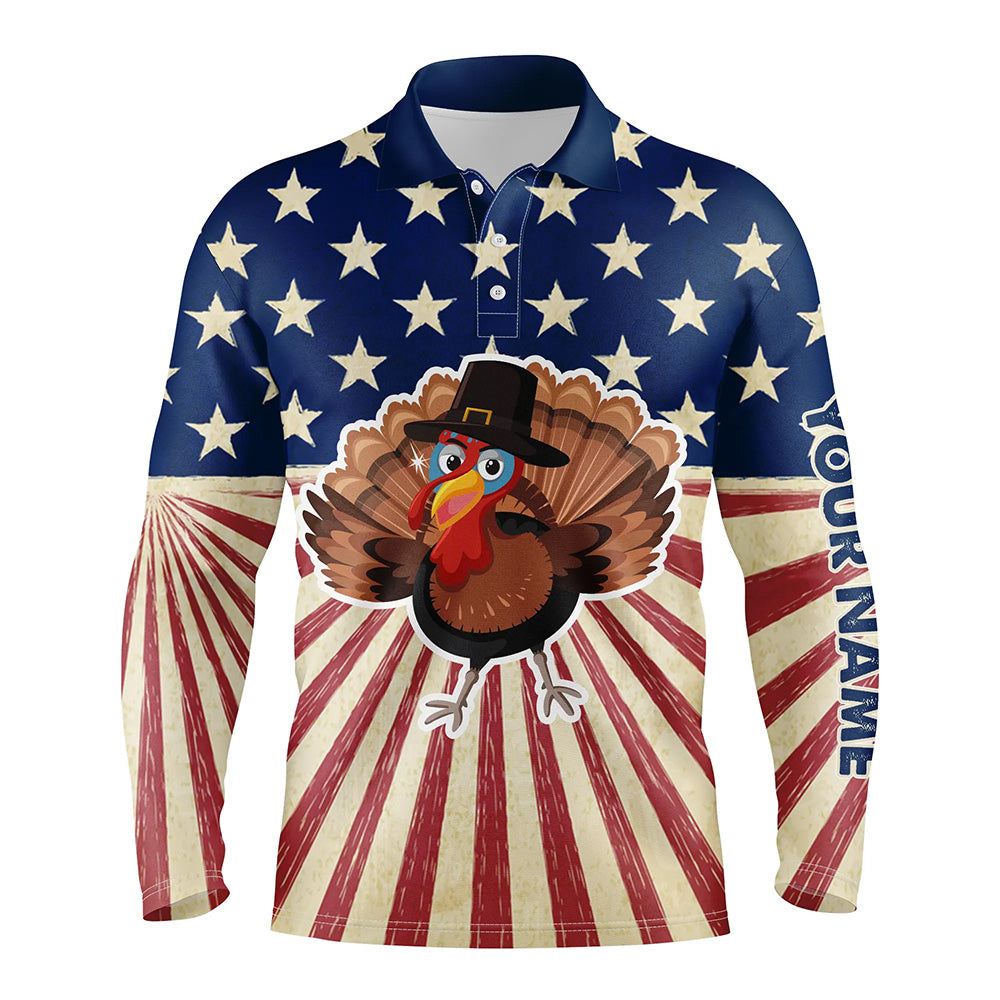 Turkey Bird Thanksgiving American Flag Men Golf Polo Shirt Mens Patriotic Golf Tops Golf Gifts LDT0841