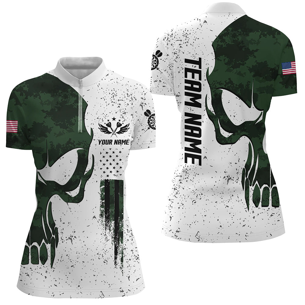 Grunge Green Camo Skull American Flag Darts Quarter-Zip Shirt Patriotic Womens Dart Jersey LDT1451