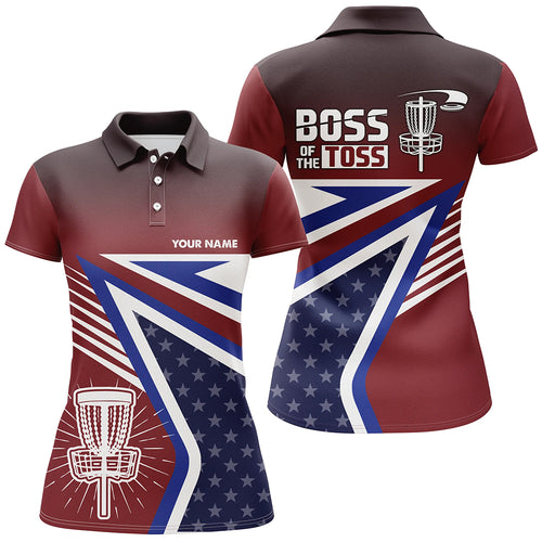 Boss Of The Toss American Flag Disc Golf Polos Custom Name Patriotic Golf Shirts For Women LDT0239