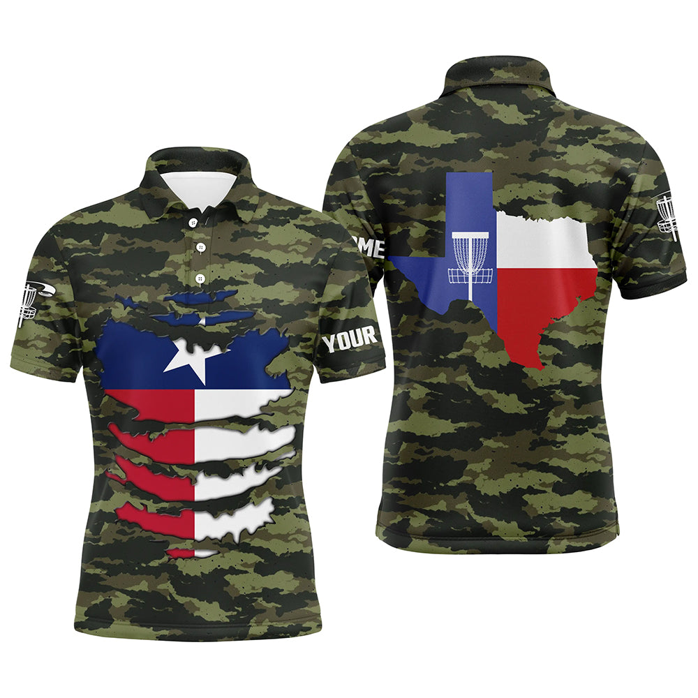 Personalized Green Camo Texas Mens Disc Golf Polo Shirts Patriotic Golf Shirts For Men LDT0269