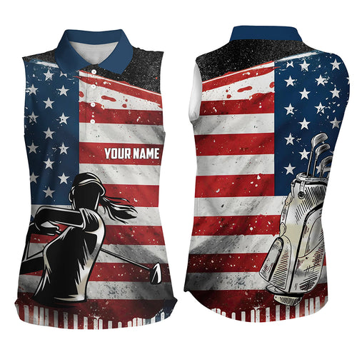 Retro American Flag Womens Sleeveless Polo Shirt Custom Name Patriotic Golf Tops For Women Golf Gifts LDT0884