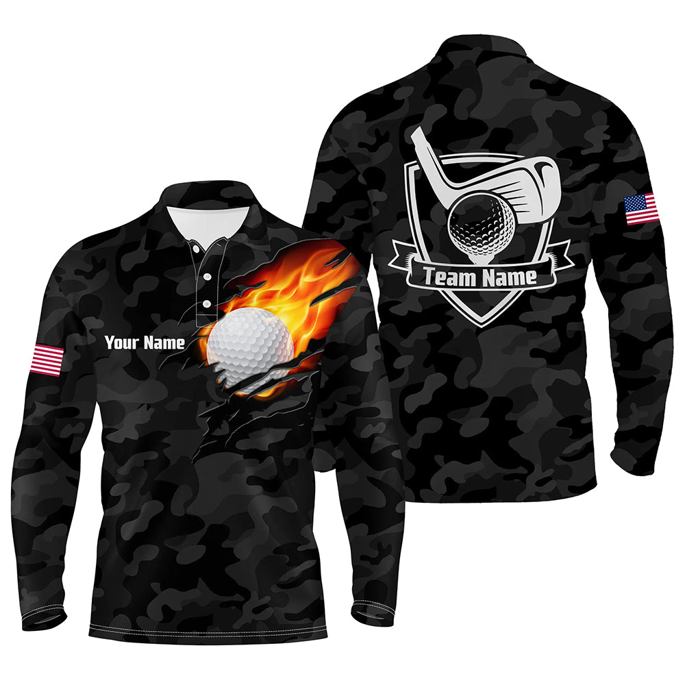 Black Camo Fire Golf Ball Flame Mens Golf Polo Shirts Custom American Flag Golf Shirts For Men LDT0282