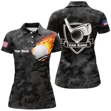 Load image into Gallery viewer, Black Camo Fire Golf Ball Flame Golf Polo Shirts Custom American Flag Golf Shirts For Women LDT0282