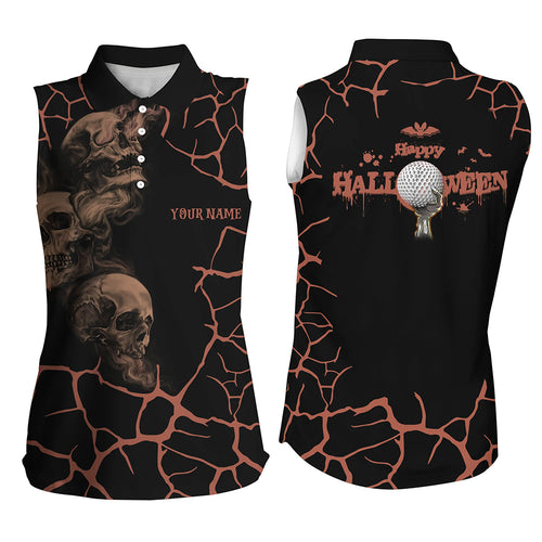 Orange Happy Halloween Sleeveless Skull Golf Polo Shirts Spooky Halloween Golf Gift Idea For Women LDT0323