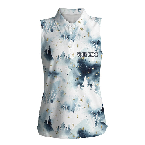 Watercolor Winter Forest Christmas Trees Womens Sleeveless Polo Shirt Christmas Golf Shirts For Women LDT0658