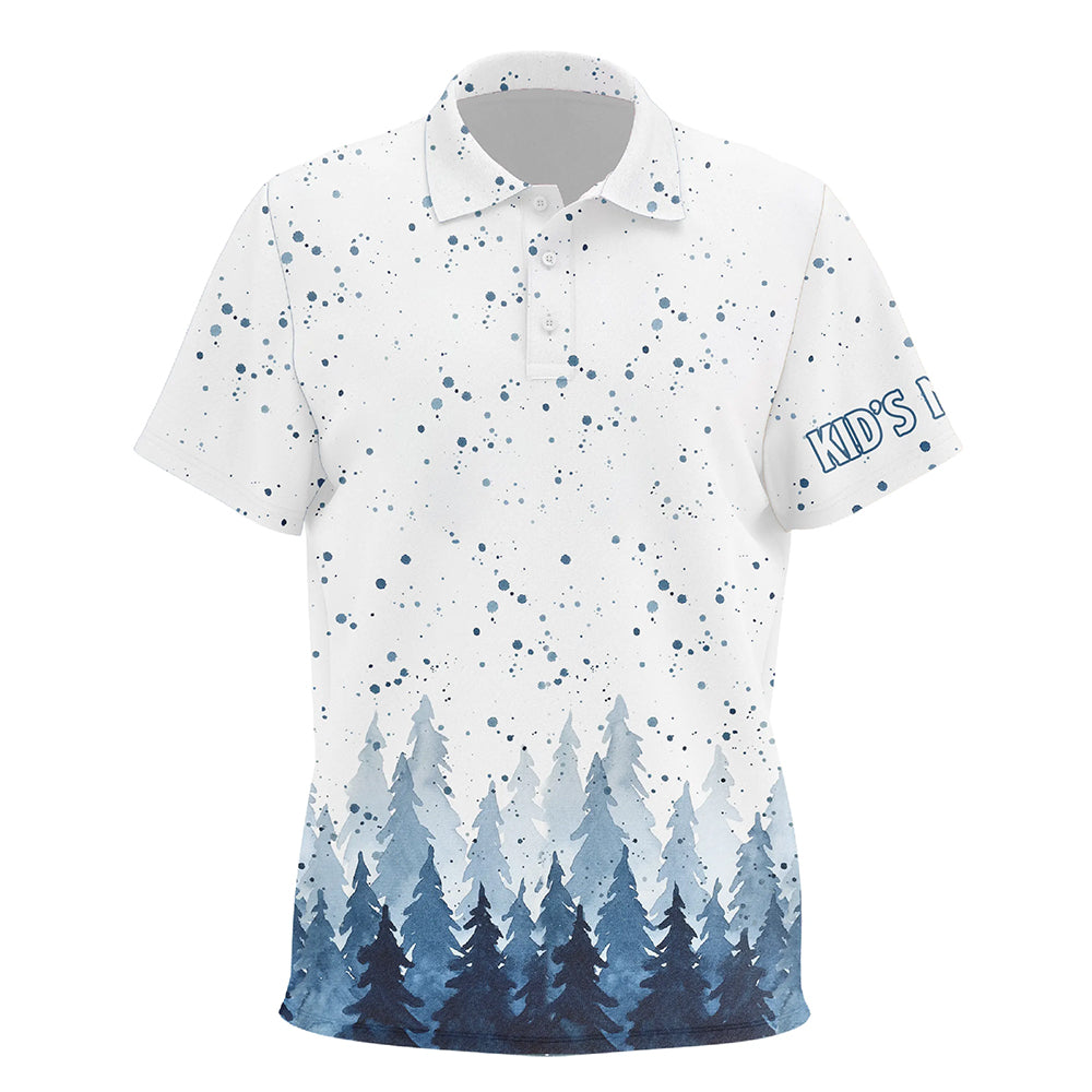 Watercolor Blue Christmas Trees & Snowfall Kid Golf Unisex Polo Shirt Winter Golf Shirts For Kid LDT0659