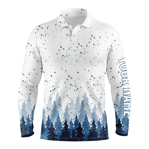 Watercolor Blue Christmas Trees & Snowfall Men Golf Polo Shirts Winter Golf Shirts For Men LDT0659