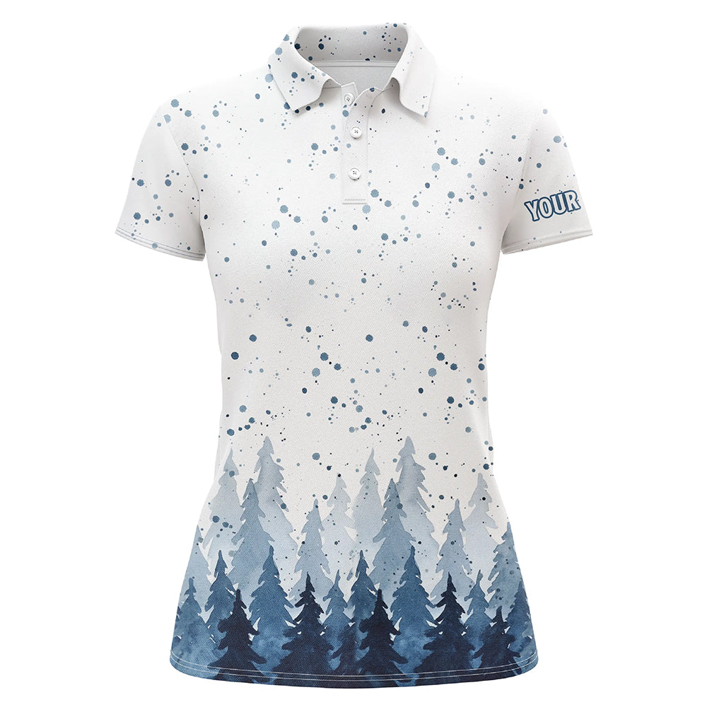 Watercolor Blue Christmas Trees & Snowfall Women Golf Polo Shirt Winter Golf Shirts For Women LDT0659