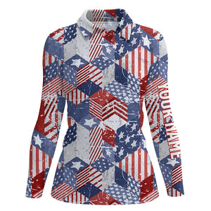 Watercolor American Flag Golf Polo Shirts 3D Isometric Cubes Patriotic Golf Shirts For Women LDT0666