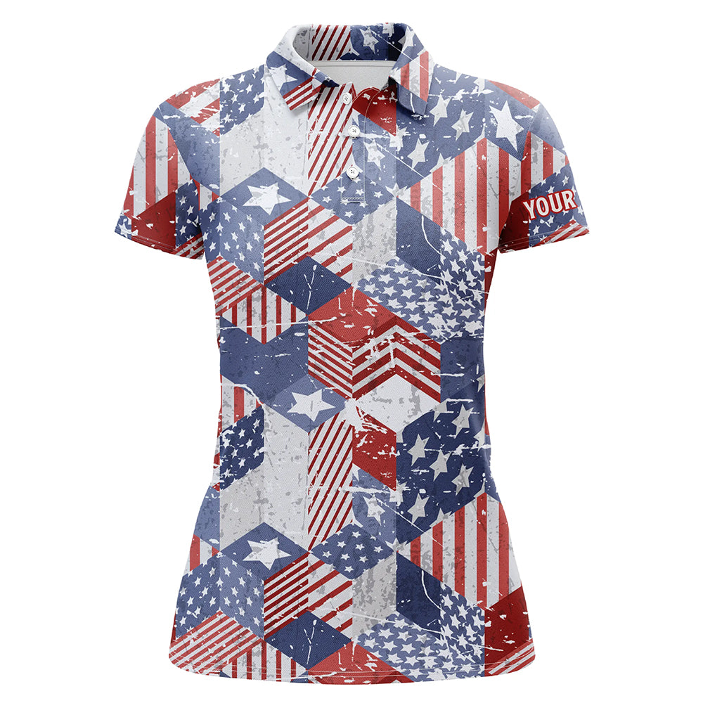 Watercolor American Flag Golf Polo Shirts 3D Isometric Cubes Patriotic Golf Shirts For Women LDT0666