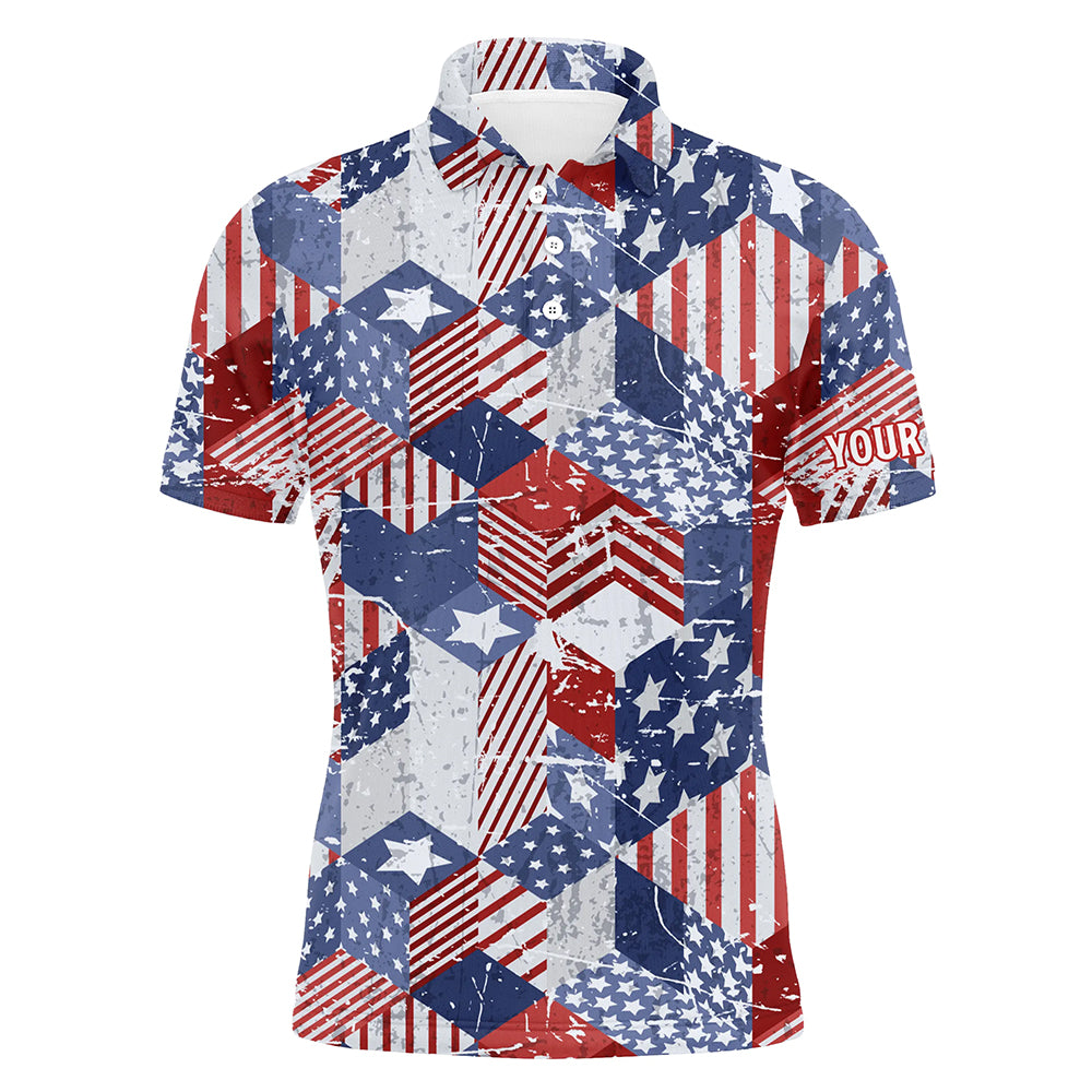 Watercolor American Flag Mens Golf Polo Shirts 3D Isometric Cubes Patriotic Golf Shirts For Men LDT0666