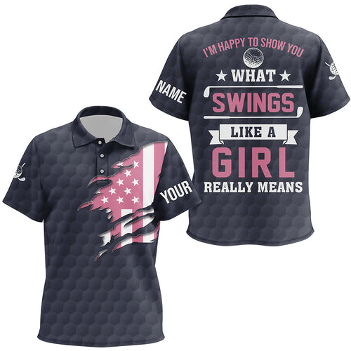 Im Happy To Show You What Swings Navy Pink American Flag Patriotic Golf Shirts For Kid LDT0427