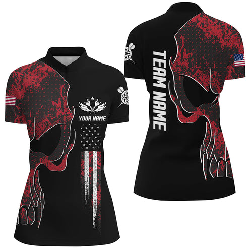 Red Grunge Camo American Flag Skull Darts Quarter-zip Shirt Patriotic Women Dart Jerseys LDT0992