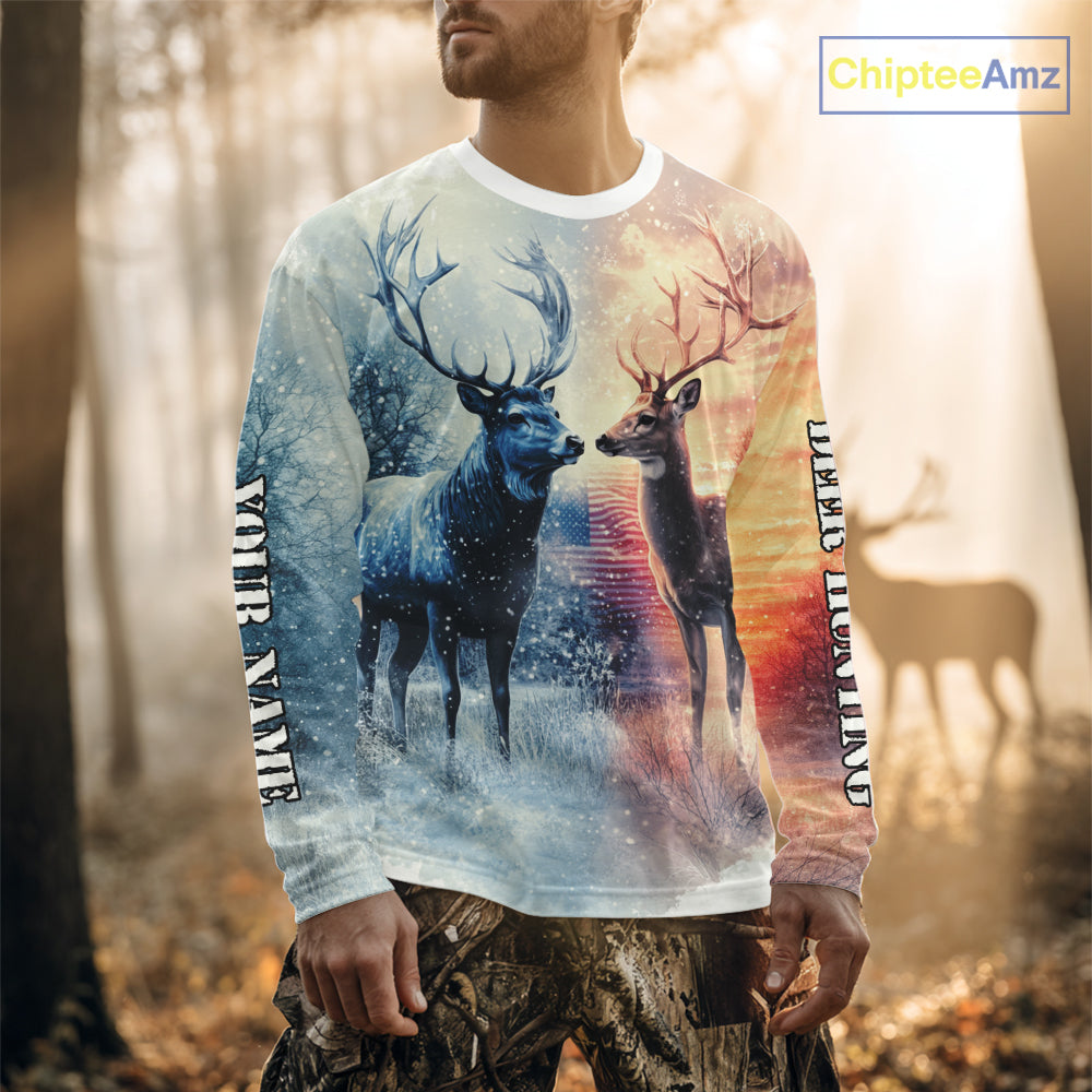 Deer Hunting in snow American Flag Long Sleeve, Hoodie Shirt NHT02