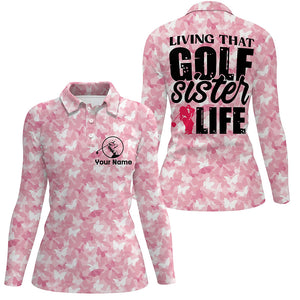 Womens Pink Butterfly Custom Name Golf Polo Shirt Cute Golf Tops For Ladies, Golfer Gifts LDT0247