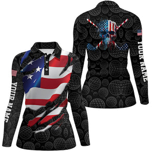 Womens 3D American Flag Custom Golf Pattern Black Polo Shirts Skull Golf Shirts For Womens LDT0559