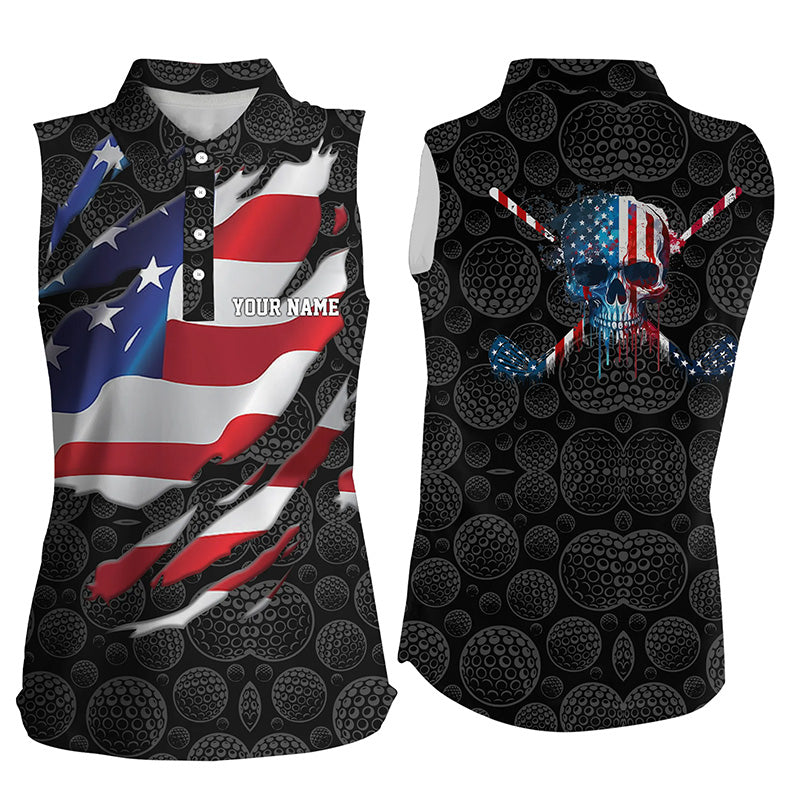 3D American Flag Custom Golf Pattern Black Womens Sleeveless Polo Shirt Skull Golf Shirts For Womens LDT0559