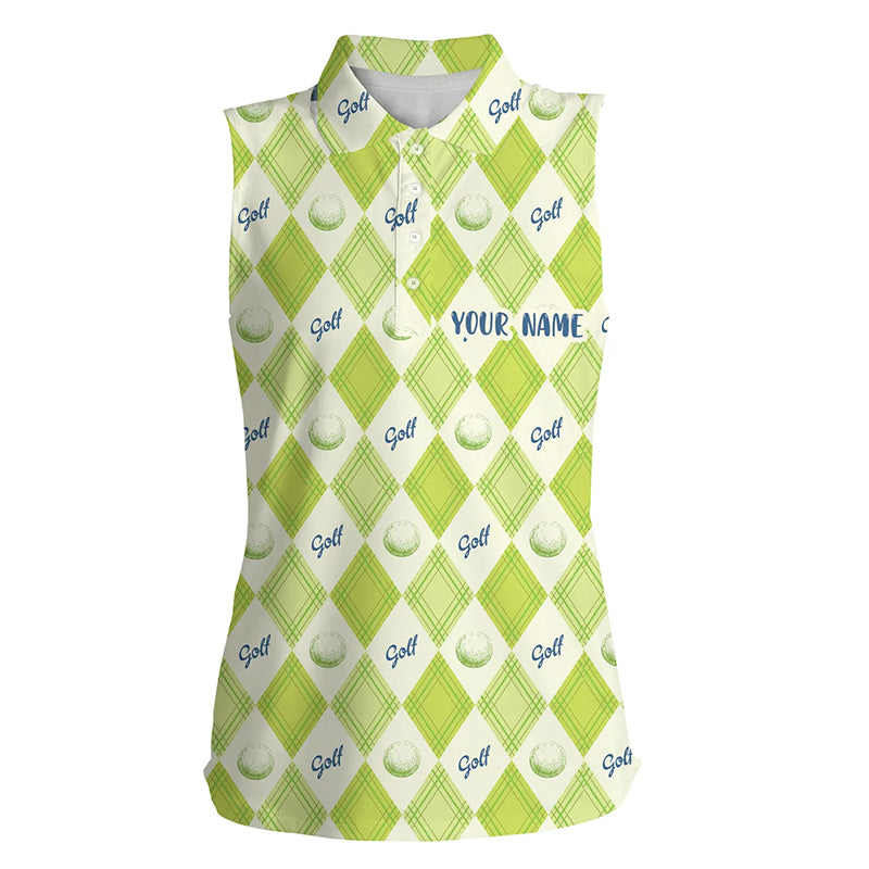 Golf Pattern With Balls Green Argyle Womens Sleeveless Polo Shirt Custom Golf Shirts For Women LDT0571