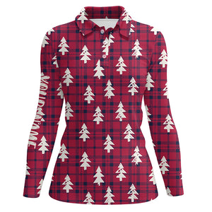 Red Checker Plaid Christmas Tree Womens Golf Polo Shirt Rustic Vintage Golf Shirts For Women LDT0584