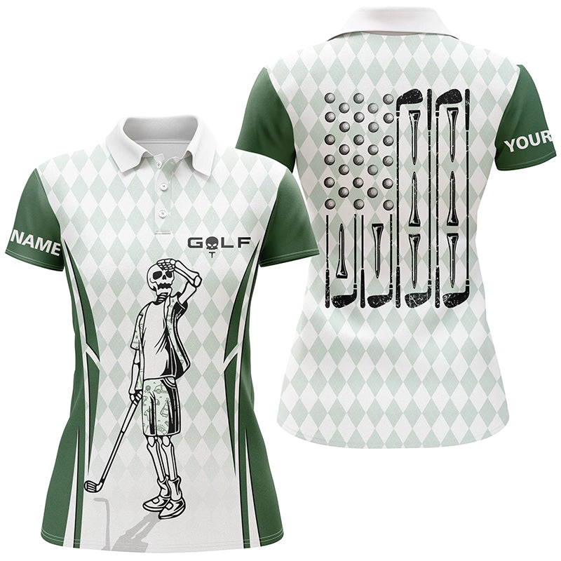 Green Argyle American Flag Patriotic Golf Polo Shirts Custom Skull Golf Shirts For Women LDT0292