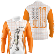 Load image into Gallery viewer, Mens Orange Argyle American Flag Patriotic Golf Polo Shirts Custom Skull Golf Shirts For Men LDT0293