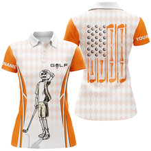 Load image into Gallery viewer, Orange Argyle American Flag Patriotic Golf Polo Shirts Custom Skull Golf Shirts For Women LDT0293