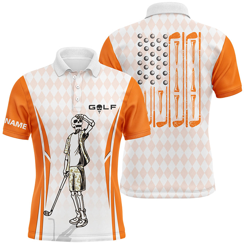 Mens Orange Argyle American Flag Patriotic Golf Polo Shirts Custom Skull Golf Shirts For Men LDT0293