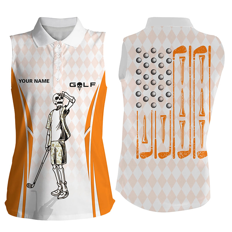 Orange Argyle American Flag Patriotic Sleeveless Golf Polo Shirts Custom Skull Golf Shirts For Women LDT0293