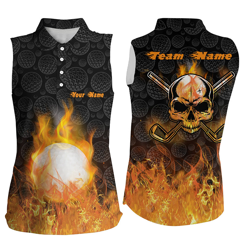 Fire Flame Golf Ball Womens Sleeveless Polo Shirt Custom Orange Skull Golf Shirts For Women Golf Gift LDT0906