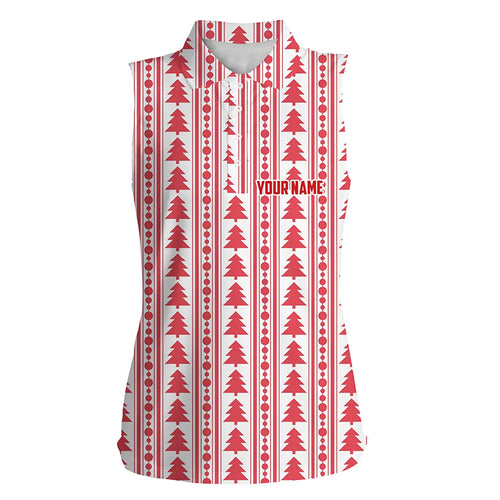 Red Christmas Trees & Garlands Flat Womens Sleeveless Polo Shirts Customized Golf Shirts For Ladies LDT0639