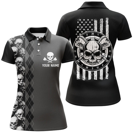 Black Grey Argyle Skull Darts Polo Shirt American Flag Patriotic Darts Jersey For Women LDT0382