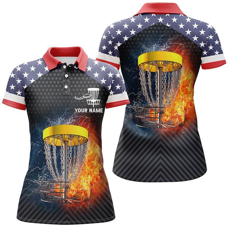Fire And Water Disc Golf Womens Polo Shirts American Flag Disc Golf Tops For Women Golf Gifts LDT0159