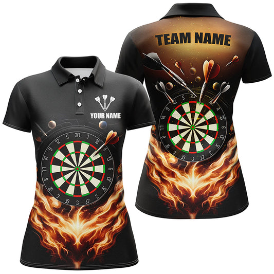 Black Orange Fire Flame Womens Darts Polo Shirt Custom Darts Shirt For Women Dart Jerseys LDT1372