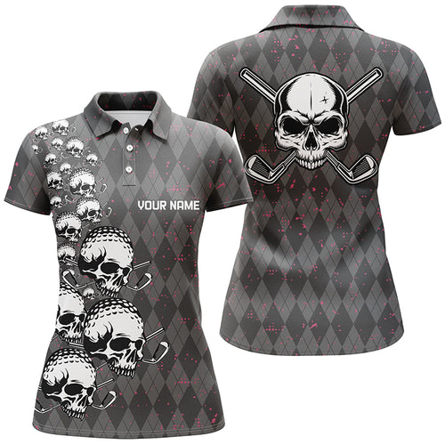 Elegant Argyle Pattern And Skull Womens Golf Polo Shirts, Black Skull Golf Shirts For Women LDT0196
