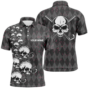 Elegant Argyle Pattern And Skull Mens Golf Polo Shirts, Black Skull Golf Shirts For Men LDT0196