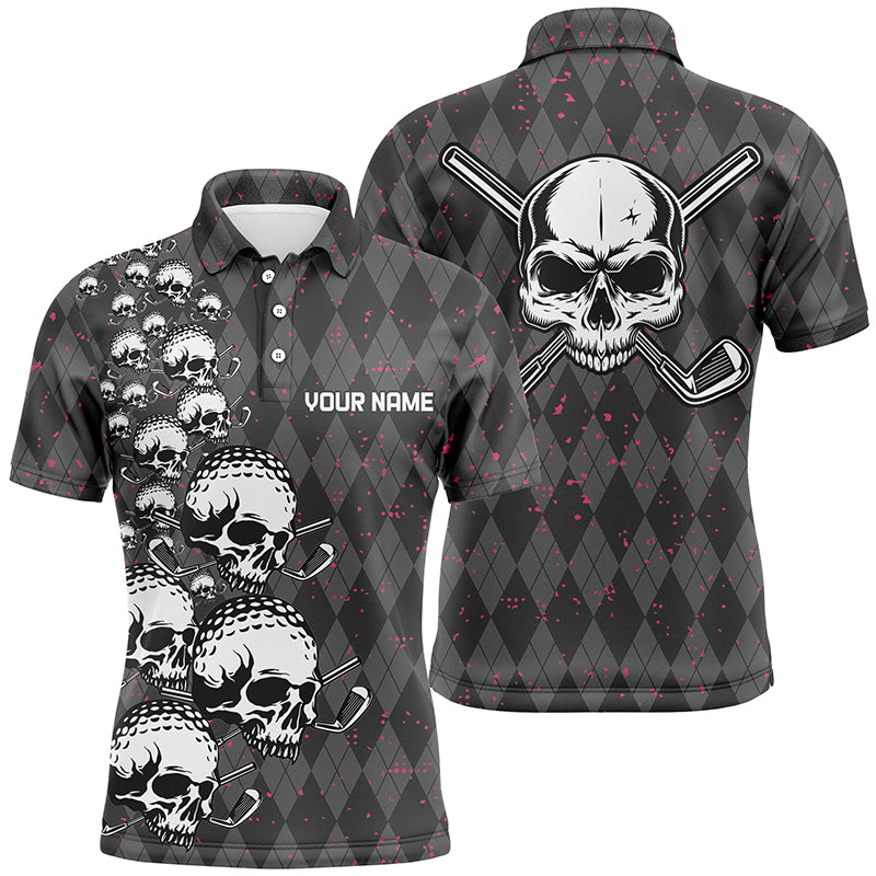 Elegant Argyle Pattern And Skull Mens Golf Polo Shirts, Black Skull Golf Shirts For Men LDT0196