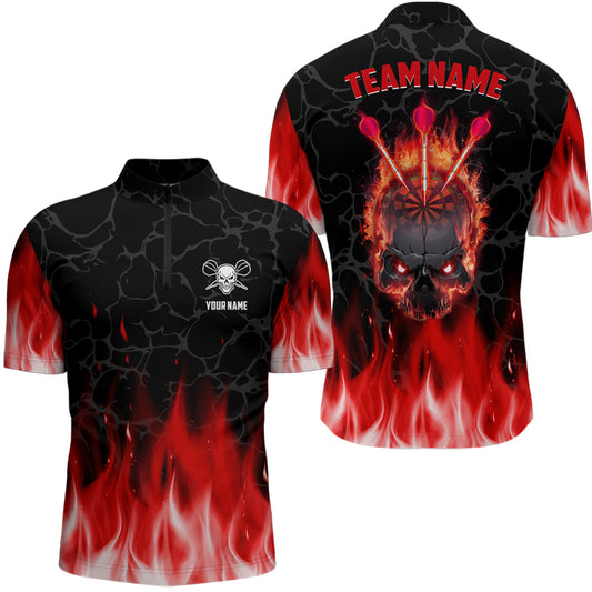 Red Flame Skull Darts Quarter Zip Shirt Custom Scary Darts Shirt For Men Cool Dart Jerseys LDT1028