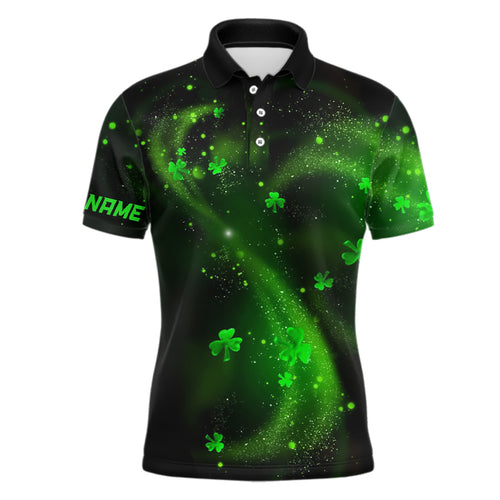 St Patrick Day Green Clovers On Black Mens Golf Polo Shirt Shamrock Custom Golf Gifts For Men LDT1018