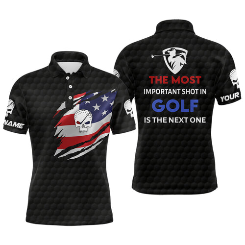 Patriotic American Flag Golf Polo Shirts Custom Name Skull Golf Shirts For Men, Golfing Gifts LDT0235