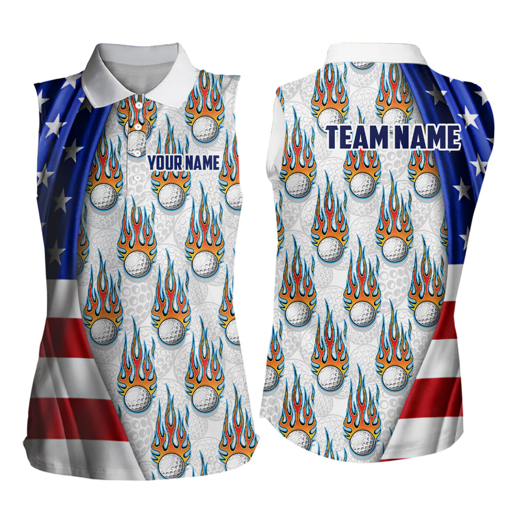 American Flag Fire Flame Womens Sleeveless Polo Shirt Custom Patriotic Golf Tops For Women Golf Gifts LDT1055