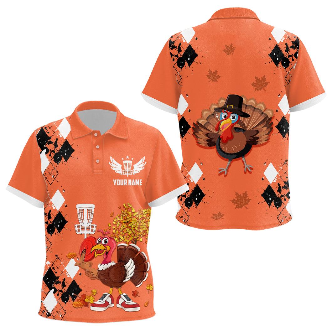 Turkey Bird Thanksgiving Disc Golf Kids Polo Shirt Argyle Orange Custom Disc Golf Shirts For Kid LDT0872