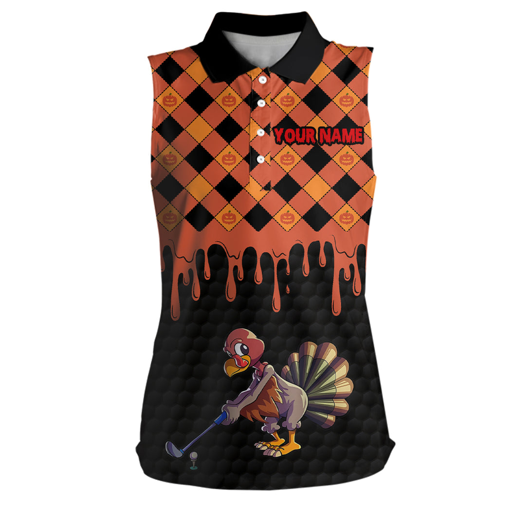 Golf Turkey Thanksgiving Womens Sleeveless Polo Shirt Orange Pumpkin Custom Women Golf Tops Golf Gift LDT0873