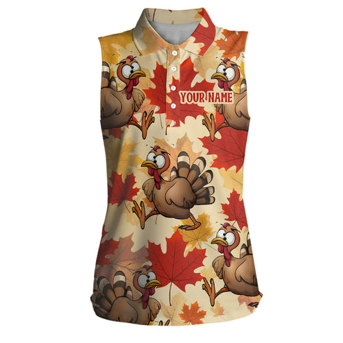 Turkey Thanksgiving Womens Sleeveless Polo Shirt Fall Maple Leaves Custom Women Golf Tops Golf Gifts LDT0876